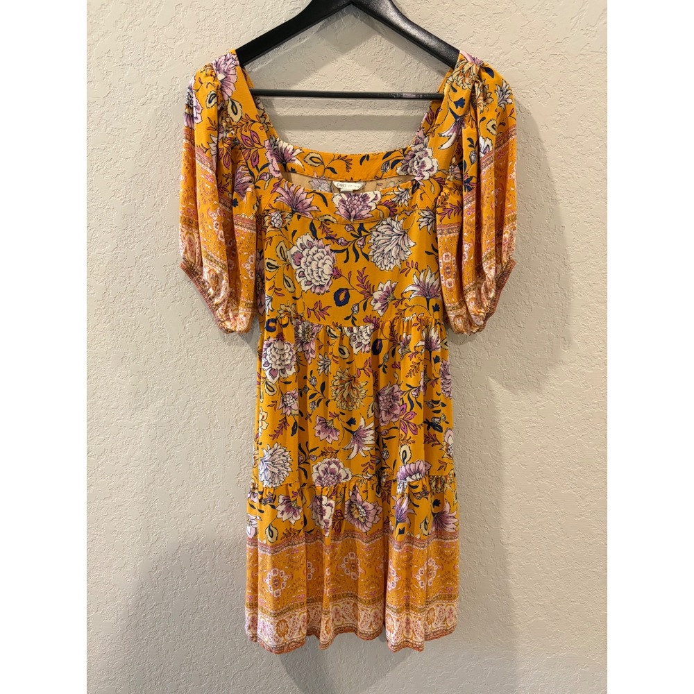 Cato Mustard Yellow Floral Boho Puff Sleeve Tiered Mini Dress Size M